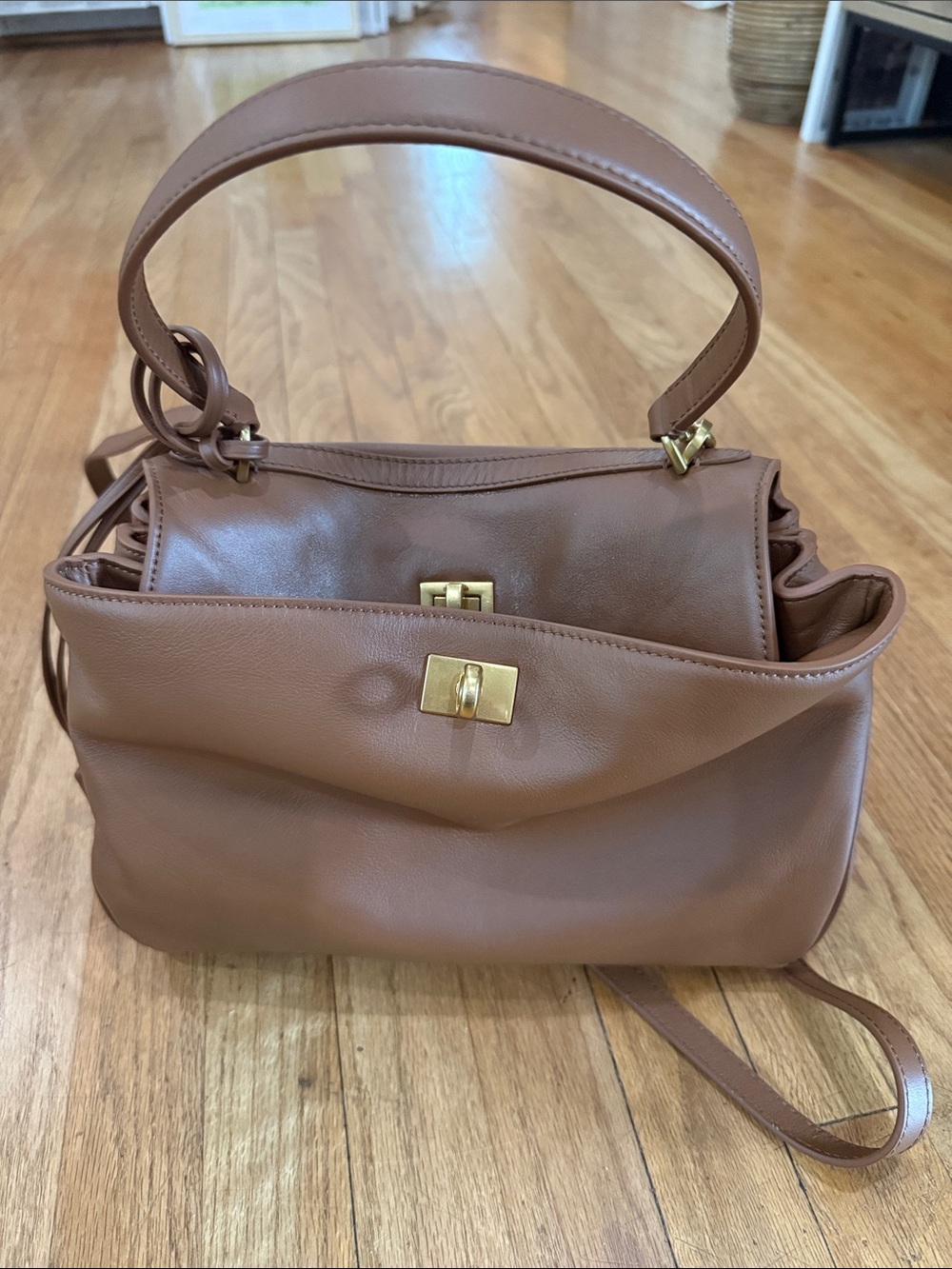 Rodeo Handbag Small in new tan smooth calfskin, aged-gold hardware